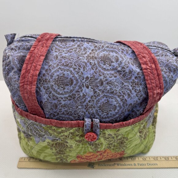 Handcrafted Multi-Color Quilted Fabric Tote Bag Zipper Closure Button Pockets - Picture 11 of 16